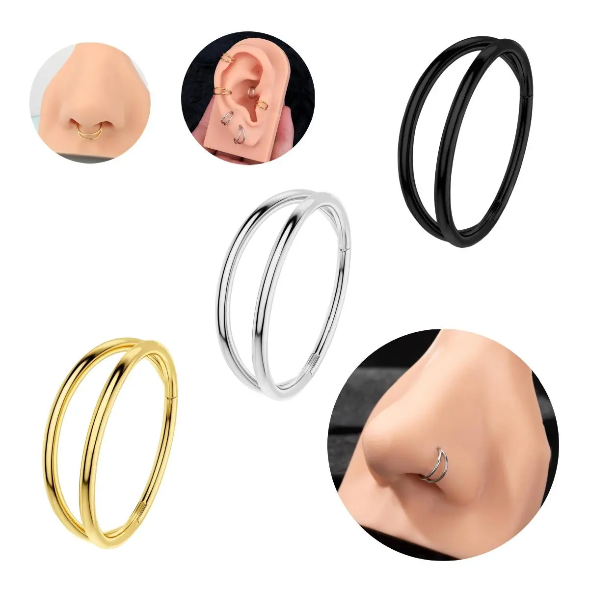 OUFER 316L Stainless Steel Hinged Segment Double Row Round Hoop Body Jewelry - 20G/18G/16G, 5mm-12mm Multi-Size, Non-Tarnish Easy-Change Body-Safe Piercing Jewelry for Nose, Helix Pierced Ring Daily Wear