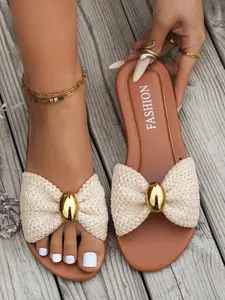 Women's Fashion Bow Sandals, Casual Summer Footwear, Soft Knit Upper, Metal Round Buckle Decor, Flat Comfortable Sole, Perfect for Beach Vacation & Daily Commute