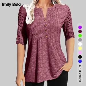 Imily Bela Essentials Women's Lace Sleeve Summer T-Shirt V-Neck Botton Up Basic Tee Solid Color Casual Tunic Tops