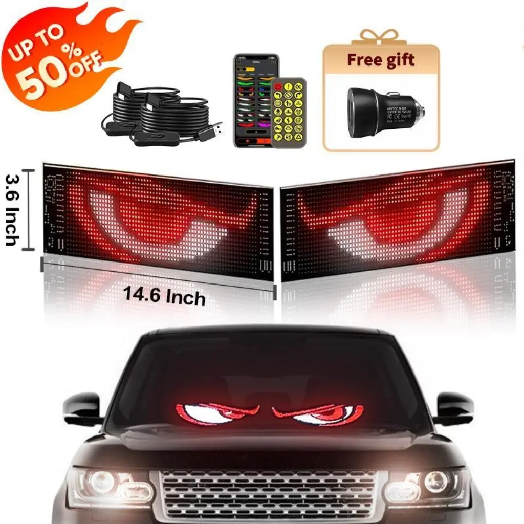 Windshield Devil Eyes LED Light – Bluetooth APP Control Programmable LED Display, Custom Text & Animated Car Light, USB Auto Interior Decorative Accessory