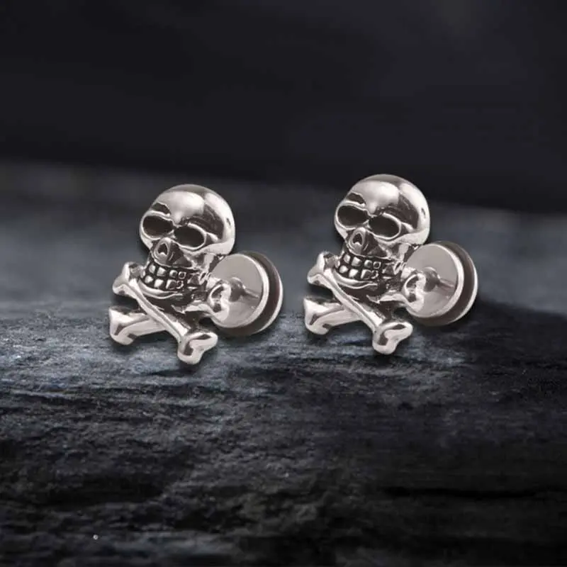 GTHIC Punk Crossbones Skull Stainless Steel Stud Earrings Trendy Rock-Inspired Jewelry for Casual Outfits