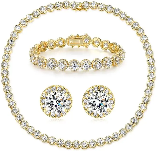 Gemsme 5MM Cubic Zirconia Halo Chain Jewelry Set - Unisex Necklace, Bracelet, Earrings with Bling Effect & Everyday Sparkle (8001), Jewellery Gift Set, Cubic Zirconia Jewelry Sets