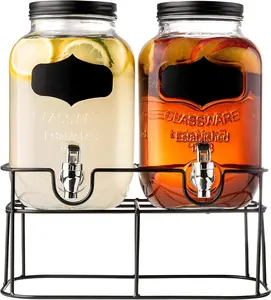 Royalty Art Dual Mason Jar Drink Dispensers with Metal Stand (4-Liters Each) Leakproof, Easy-Pull Spigots and Screw-On Lids Clear, Heavy-Duty Glass Chalkboard Sticker Labels Drinkware Jugs Beverage Colorful Serving Tin