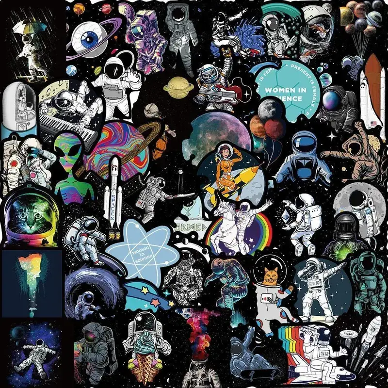 50pcs Cartoon Astronaut Space Rocket Graffiti Stickers, Durable Waterproof Unisex DIY Toy Stickers for Water Bottle, Phone Case, Accessories, Decorative
