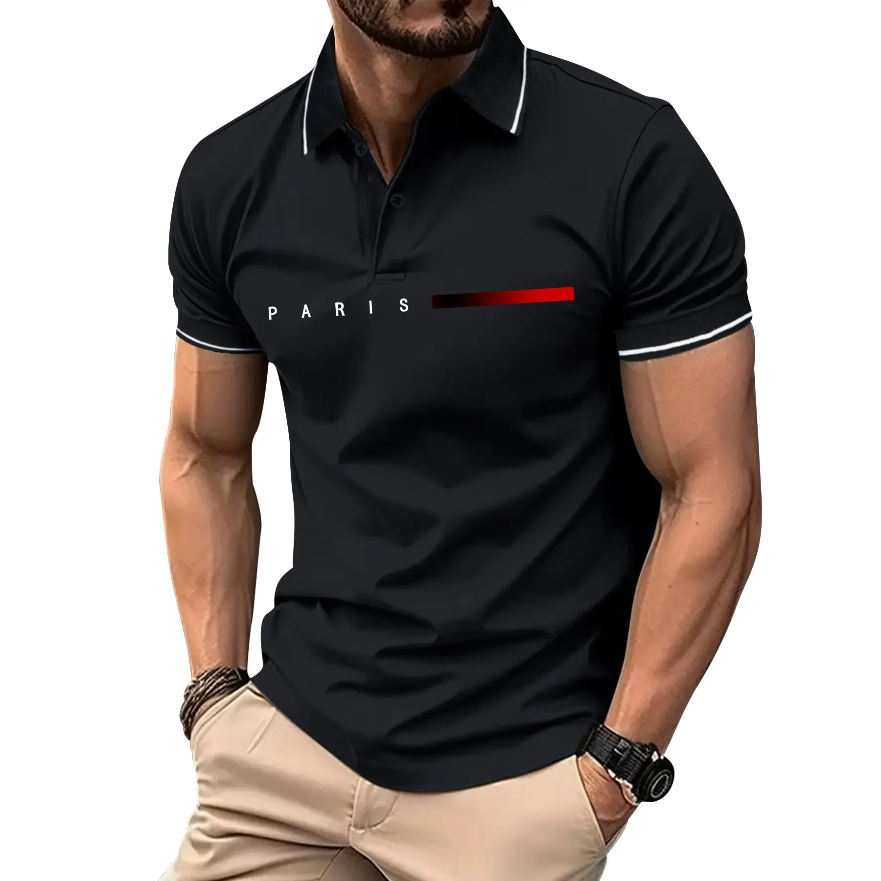 Men's Fitted H-Type Polo Top - Skin-Friendly Short-Sleeve Casual Round Neck Top with Contrast Stripes, Paris Letter Print, Contrast Binding, Buttons, Wedding Wear, Size M