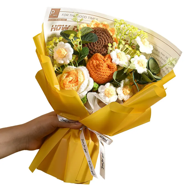 Handmade Knitted Crochet Flower Bouquet, 1 Bunch Artificial Flowers for Home Decor, Parties, Weddings & Anniversaries Perfect Valentine’s Day, Birthday, Mother’s Day, Father’s Day & Thanksgiving Gift, Decorative Artificial Flower Set (without ledlights)