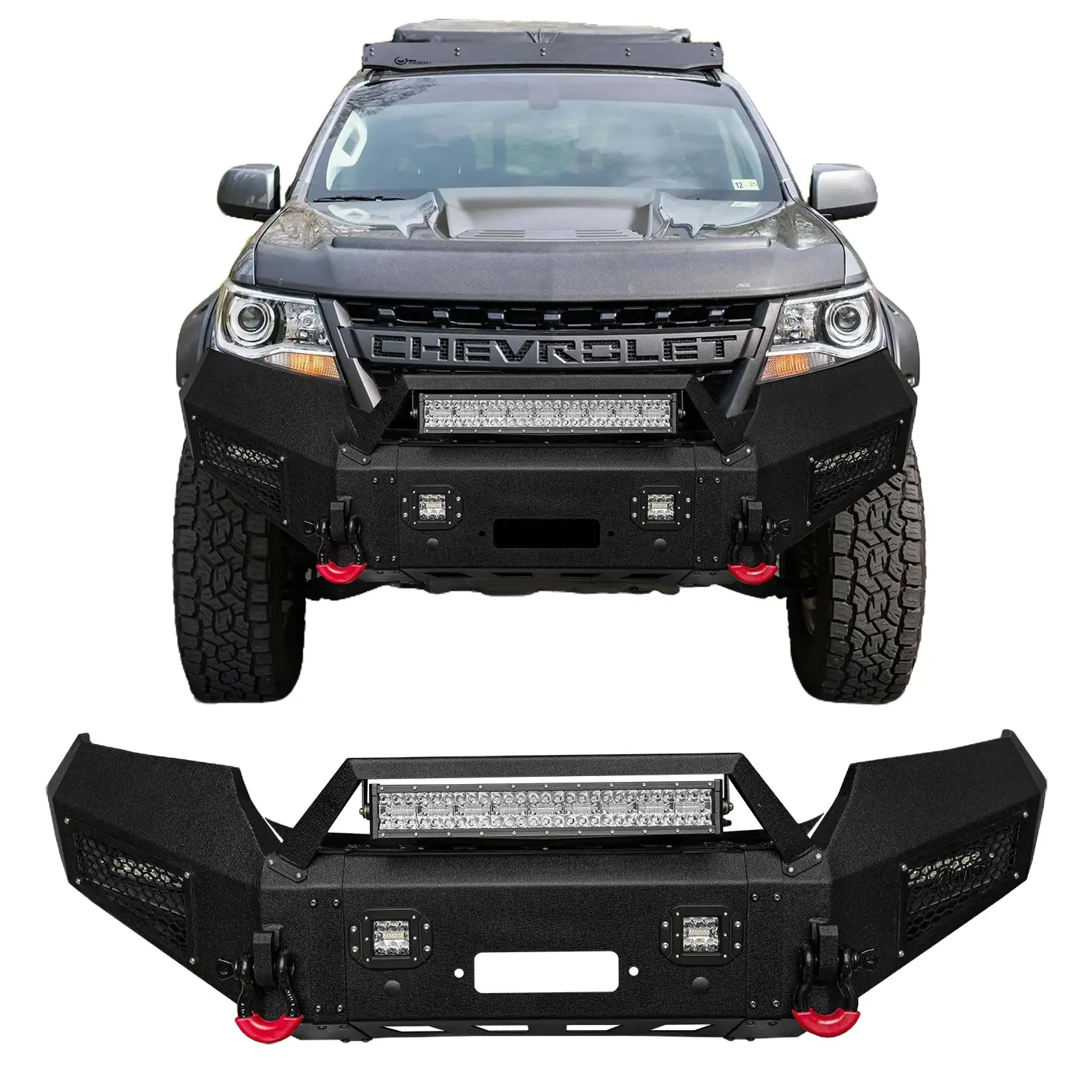 Vijay Black Texture Metal Front Bumper for 2015-2022 Chevrolet Colorado - Vehicle-Specific Car Accessories with Winch Plate, LED Lights, 2 D-Rings, Off-Road Auto Part, Simple Screw Installation, Visibility, Durability, Strength, Extra Towing Capacity