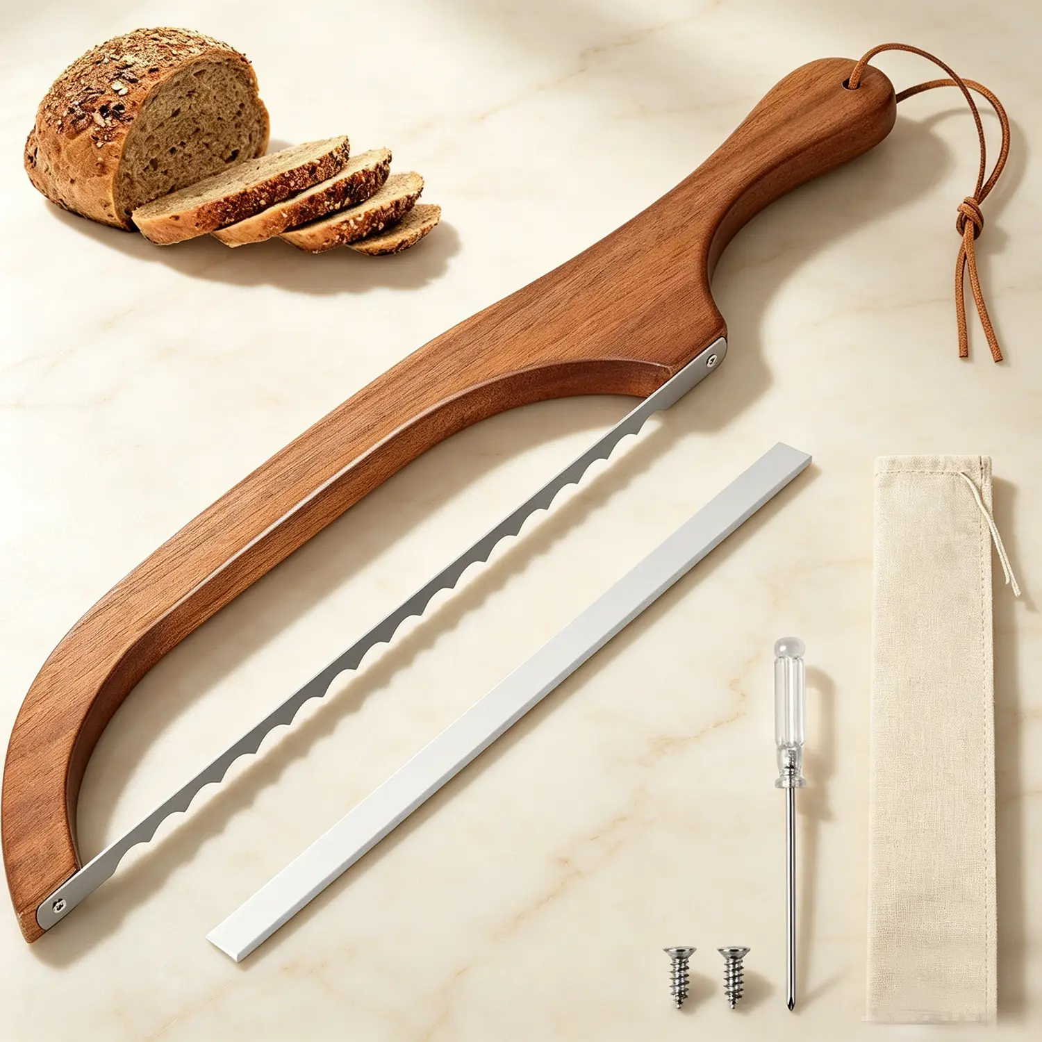 40cm Premium Wooden Handle Bread Bow Knife - BPA-Free Kitchenware Cutlery with Ergonomic Serrated Stainless Steel Blade, Adult-Use, Customizable Slice Thickness, Left/Right Flip, Universal Design, Replacement Blade, Storage Bag, Housewarming Baking Gift