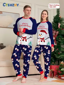 Christmas Couple Pajamas Set Blue White Snowman Print Family Matching Outfit Holiday Sleepwear Two Piece Loungewear
