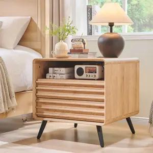 REDLEMON 24" Modern Nightstand with Built-In Charging Station – 2 Storage Drawers & Open Wooden Shelf for Bedroom, Living Room or Study