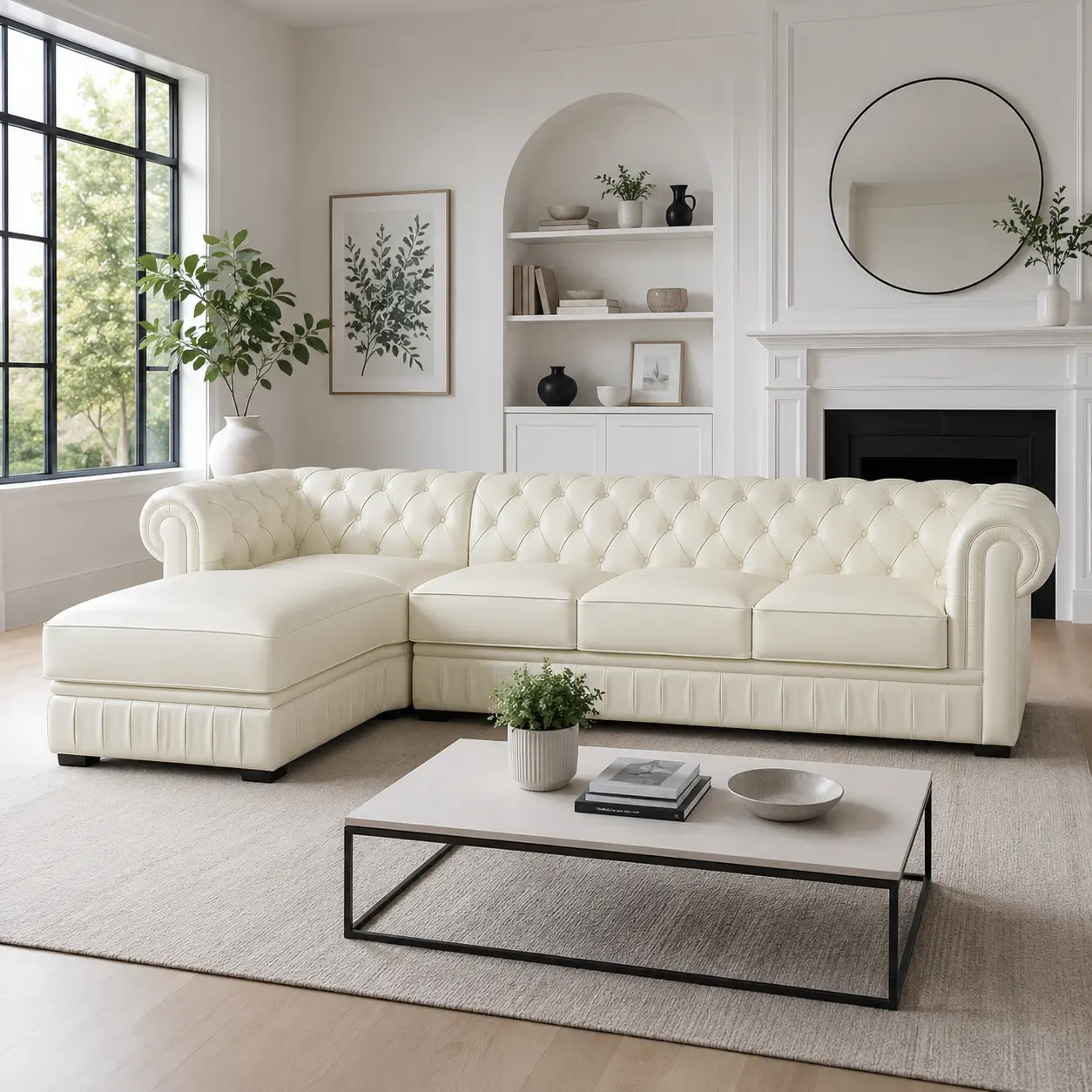 89-Inch White Top-Grain Genuine Leather Chesterfield Sectional Sofa with Chaise