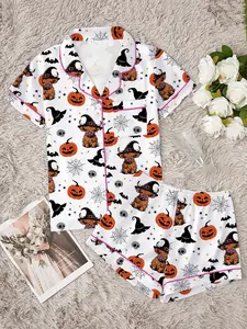 Women's Halloween Party Pajama Set, Cute Animal Print Bat Short Sleeve Shirt & Elastic Waist Shorts, Comfortable Casual Home Wear