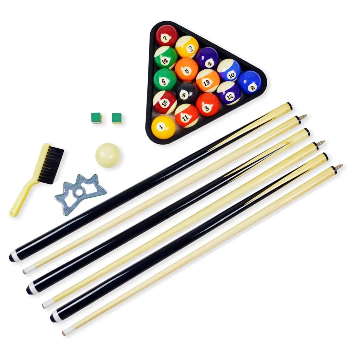 Regulation Multicolor Billiard Pool Table Full Accessory Kit - Composite Plastic, Precision-Engineered Weighted Balls, Ball Racks, Cue Chalk, Cues; True Roll, Optimal Performance for Adult Pool Game Enthusiasts