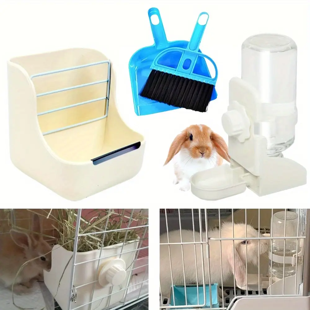 4PCS with Hanging Water Dispenser Rabbit Hay Food Bin Feeder and Bunny Water Bottle Set Hay Food Feeder Bowls Manger Rack Prevent Knock Over for Rabbit Guinea Pig Chinchilla