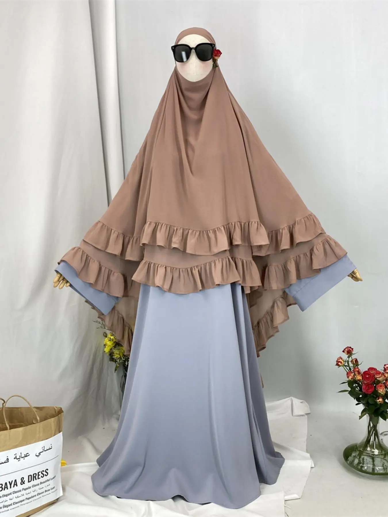 Women's Solid Color Ruffle Trim Chiffon Khimar, Modest Fashion Two Layer Design Long Hijab for Daily Wear, Women's Islamic Clothing for All Seasons