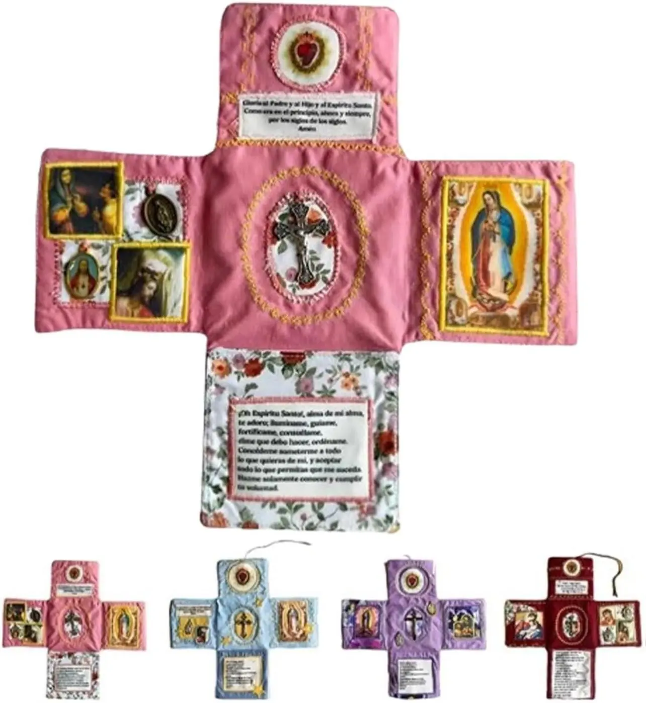 Religious Floral Handcrafted Pocket Devotion-Faith Edition, Catholic Travel Prayer Kit with Cross, Mini Handmade Gift, Folding Shrine with Silver Cross, Personal Altar (Pink), Traditional