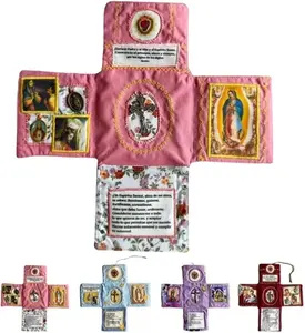 Handcrafted Pocket Devotion–Faith Edition,Catholic Travel Prayer Kit with Cross,Mini Handmade Christian Catholic Gift,Folding Shrine with Silver Cross Included Inside, Personal Altar (Pink)