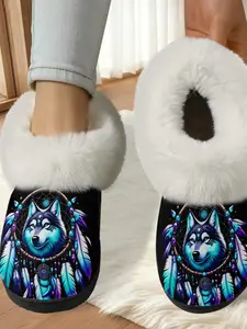 Y2k Animal Wolf Print Cotton Slippers Fluffy Home Slippers Fashion Fluzzy Flurry 2025 2026 Fall & Winter Home Indoor Outdoor Shoes, Casual Textile Rubber Sole, Less Than Ankle Height