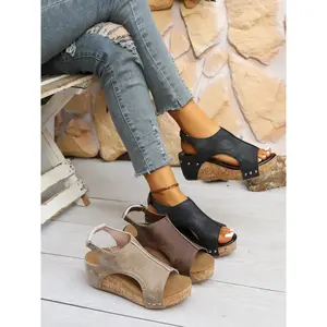 Women's Retro Wedge Fish Mouth Adjustable Sandals, Soft PU Leather Breathable Thick Sole Platform Shoes, // Colors, Comfortable Casual Shoes