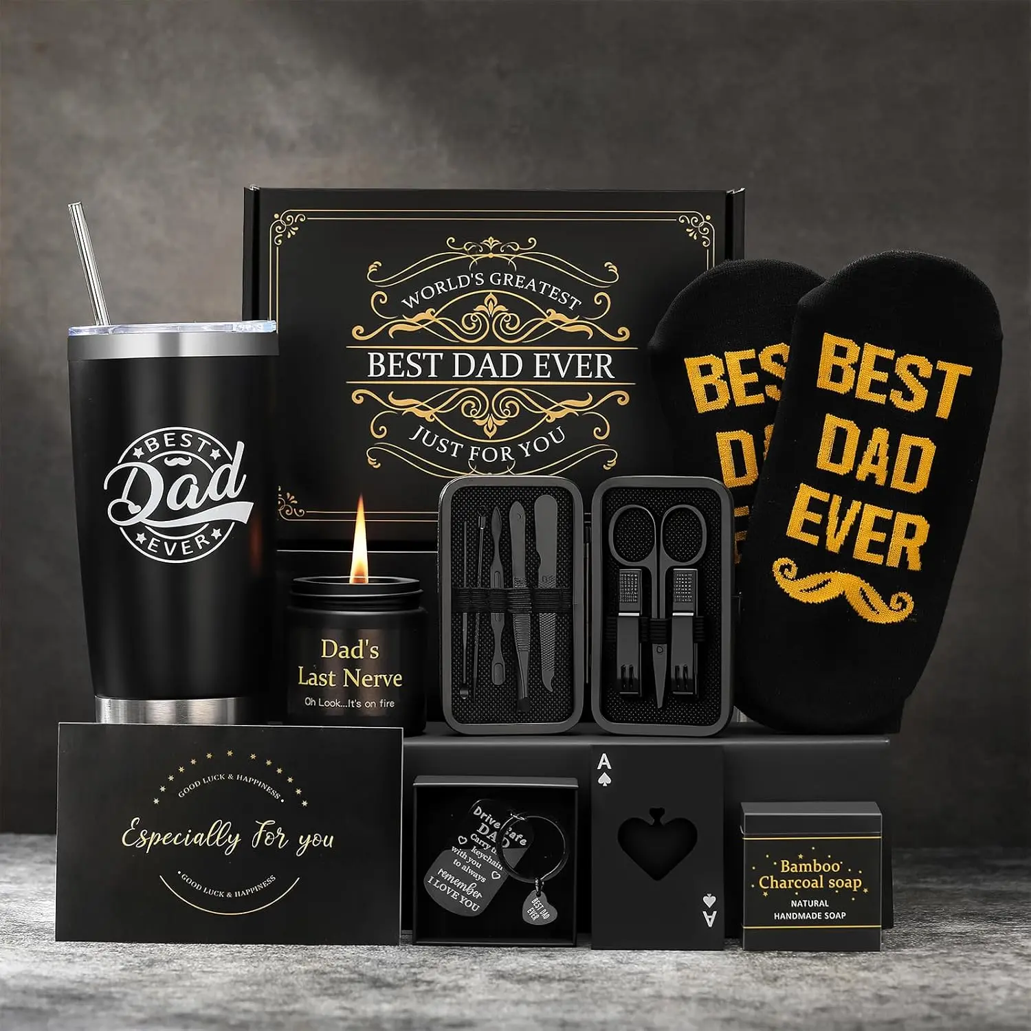 Dad Gifts for Father's Day, Birthday Gifts for Dad from Daughter Son, Father Birthday Gift Basket with 20 Oz Insulated Tumbler, Socks & Keychain, Daddy Gift Set, Unique Presents for Fathers