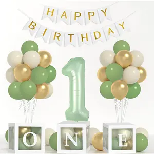 Yumiche Sage One Year Old Birthday Decorations-One Balloon Box, 12 Inch Sage Green White Gold Balloons, 40 Inch Sage Number 1 Balloons And Happy Birthday Banner For Boy Girl First Birthday Decorations