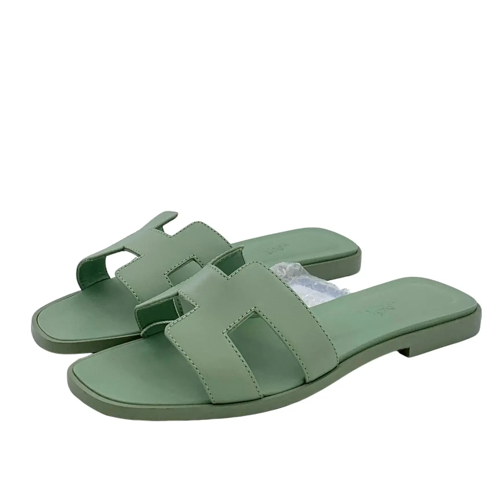 RDLT-Hermès Size 35 Oran Green H Logo Flat Slide Sandals Full Set-J37154