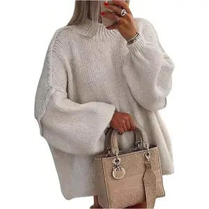 Autumn and Winter New Style Women's Oversized Pullover Sweaters Fall Winter Mock Neck Lantern Sleeve Crochet Casual Knitted Jumper Tops Solid Color Loose Blouse