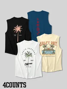 Men's Casual Tropical Tank Top Set of 4, Four Different Theme Prints (coconut Tree, Rose, Beach), Drawstring or Round Neck Design