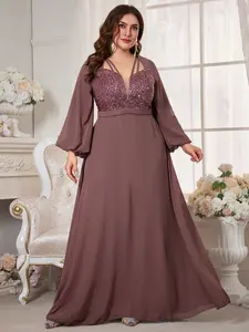 Elegant V-Neck Lantern Sleeve Sequin Chiffon Waist Belt Fitted Maxi Dress, Flowy Formal Evening Gown, Sophisticated Party Dress, Large Swing Hem