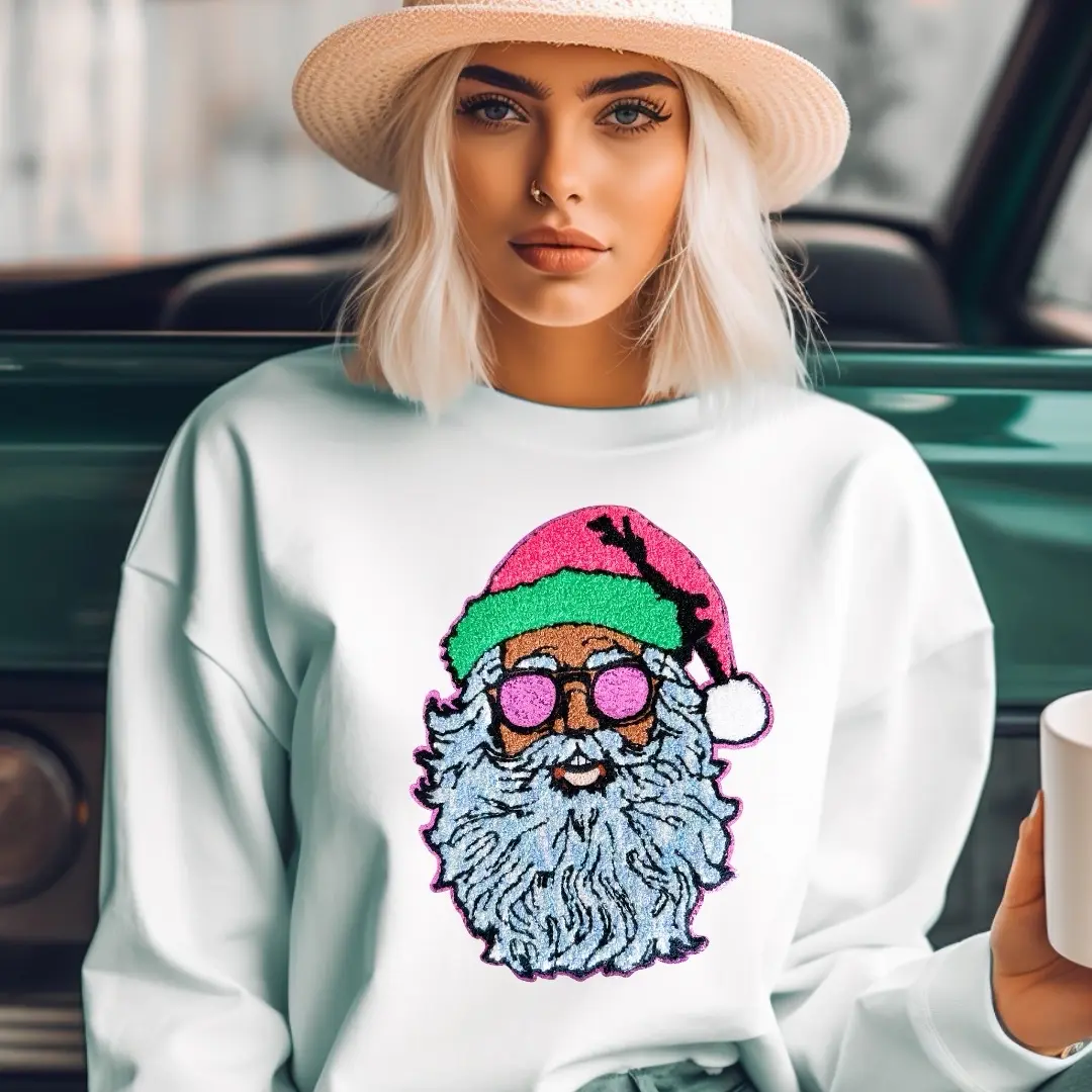 Cool Santa Chenille Patch 10.5” for Sweaters & Garments - Soft & Comfortable Transfer for Winter Apparel