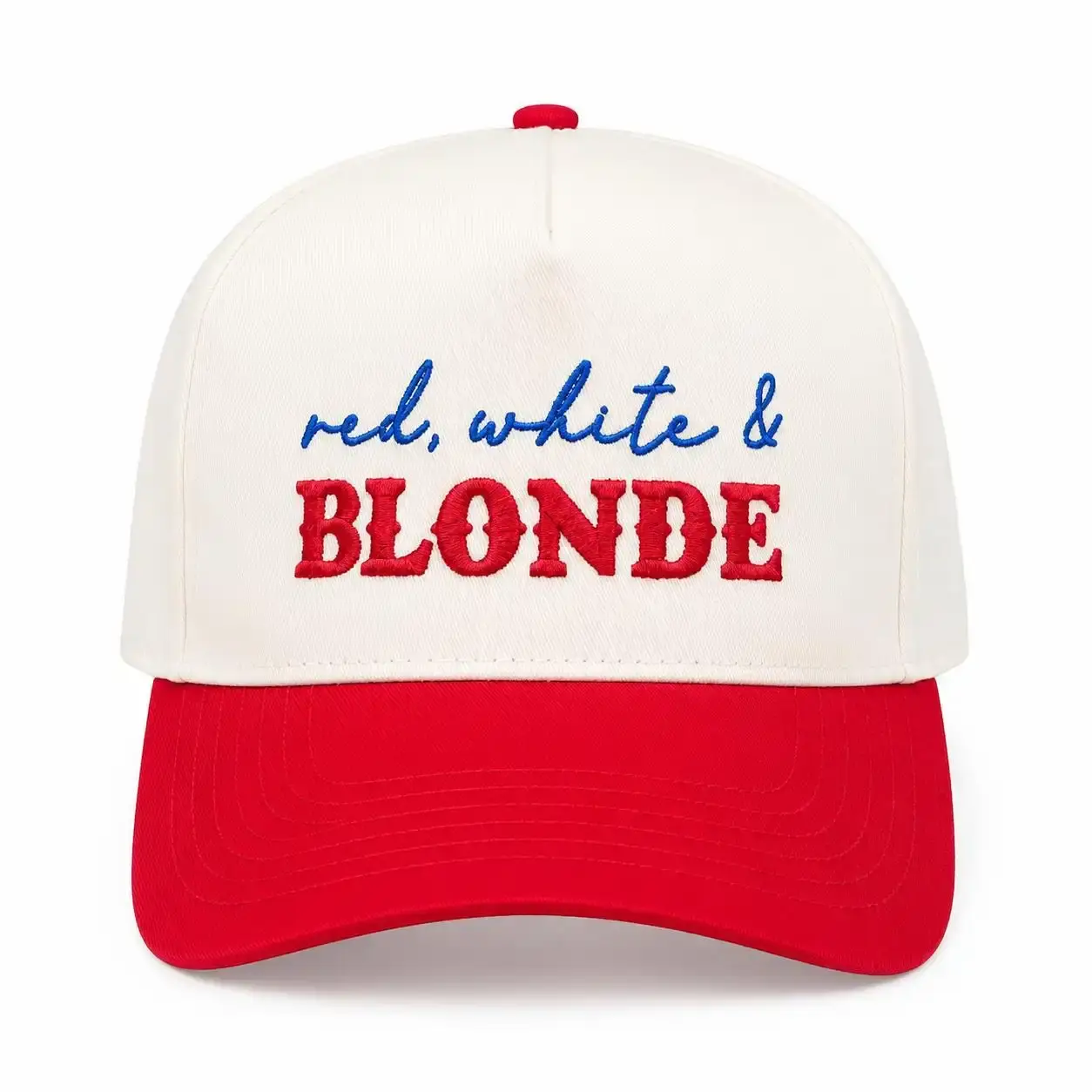 Unisex Red White & Blonde Casual Baseball Trucker Cap - Patriotic 4th of July USA Hat, Playful Casual Outfits Cap for Brunette Summer Wear, Memorial Day Labor Day Accessory