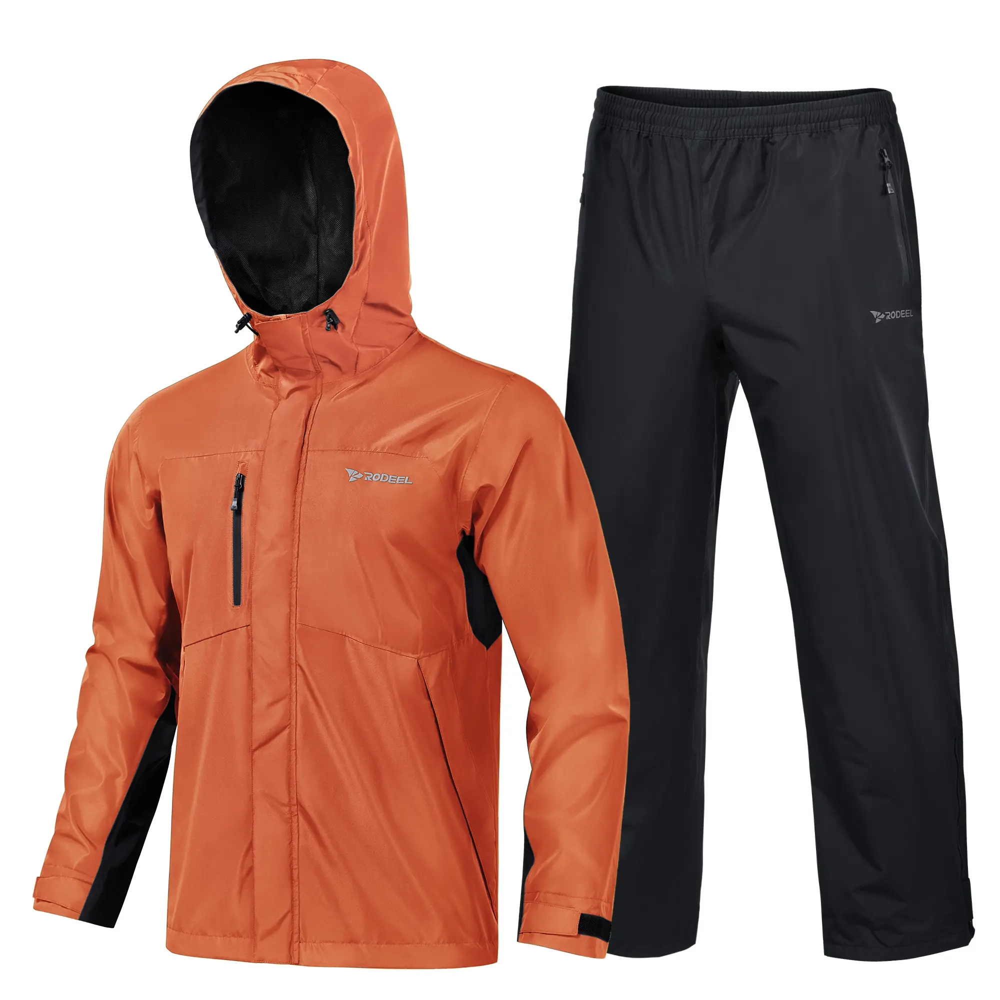 RODEEL 719 Waterproof Rain Suit for Men Lightweight Breathable Jacket and Pants Set Full Zip Hooded Rain Coat Durable Weatherproof Windbreaker Workwear for Outdoor Walking Hiking Camping Fishing Boating Construction Roofing Landscaping