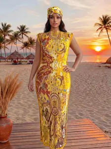 Elegant All over Print Long Robe with Shawl and Matching Headband, Women Ladies Beach Cover-Up for Sun Protection, Casual Summer