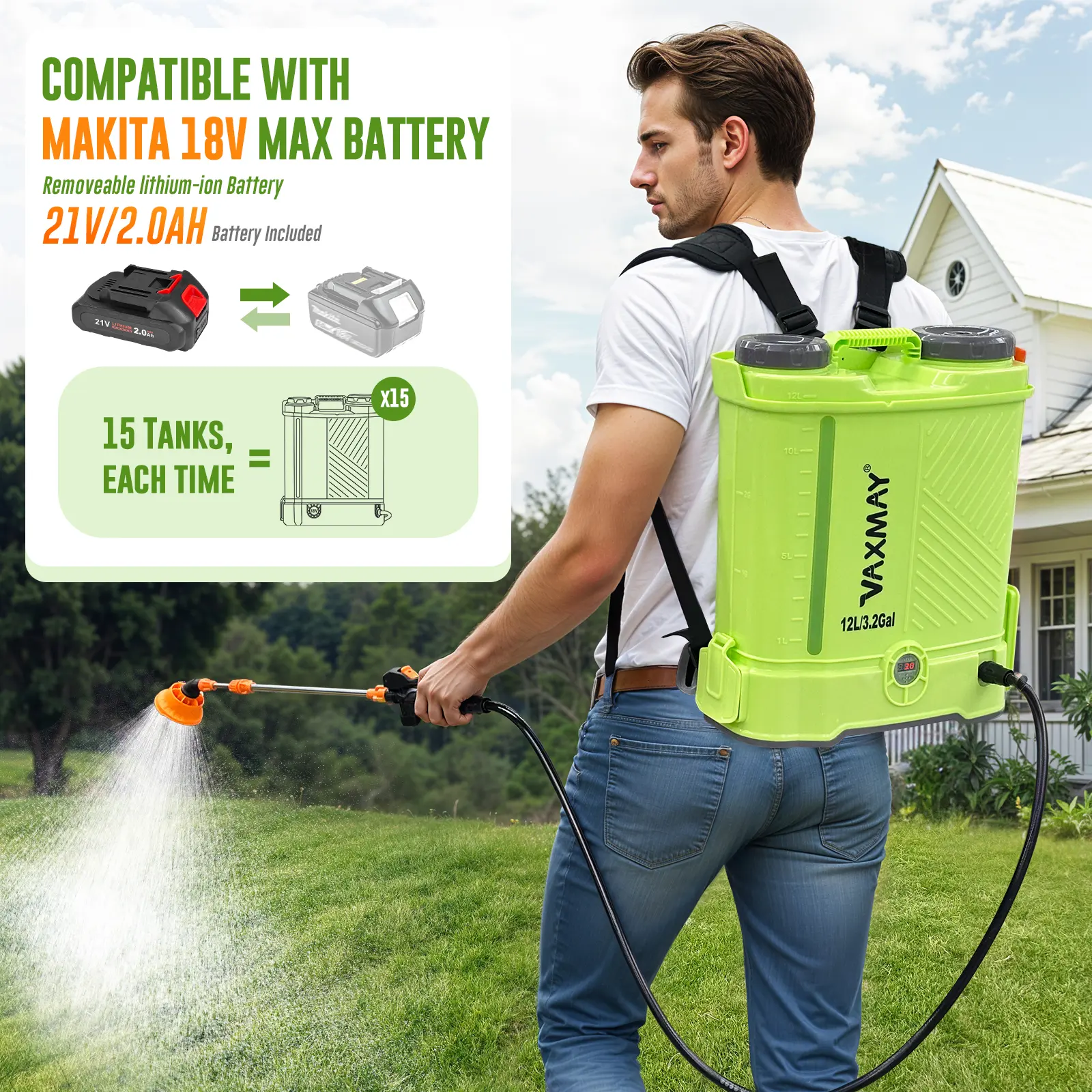 【DealsForYouDays】VAXMAY Battery Powered Backpack Sprayer 3.2 Gallon 80 PSI Electric Garden Sprayer Compatible with Makita 18V Battery 5 Nozzles 2.0 Ah Battery & Charger Included, 80 Psi Pressure,father'sdaygifts