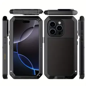 Heavy Duty Tank Aluminum Metal Case for iPhone 17 Air 16 15 14 13 12 11 Pro Max X XR 8 7 Plus Covers Shockproof Rugged Metal Bumper Full Body protect Case Front Tempered glass screen + Soft silicone Back Cover