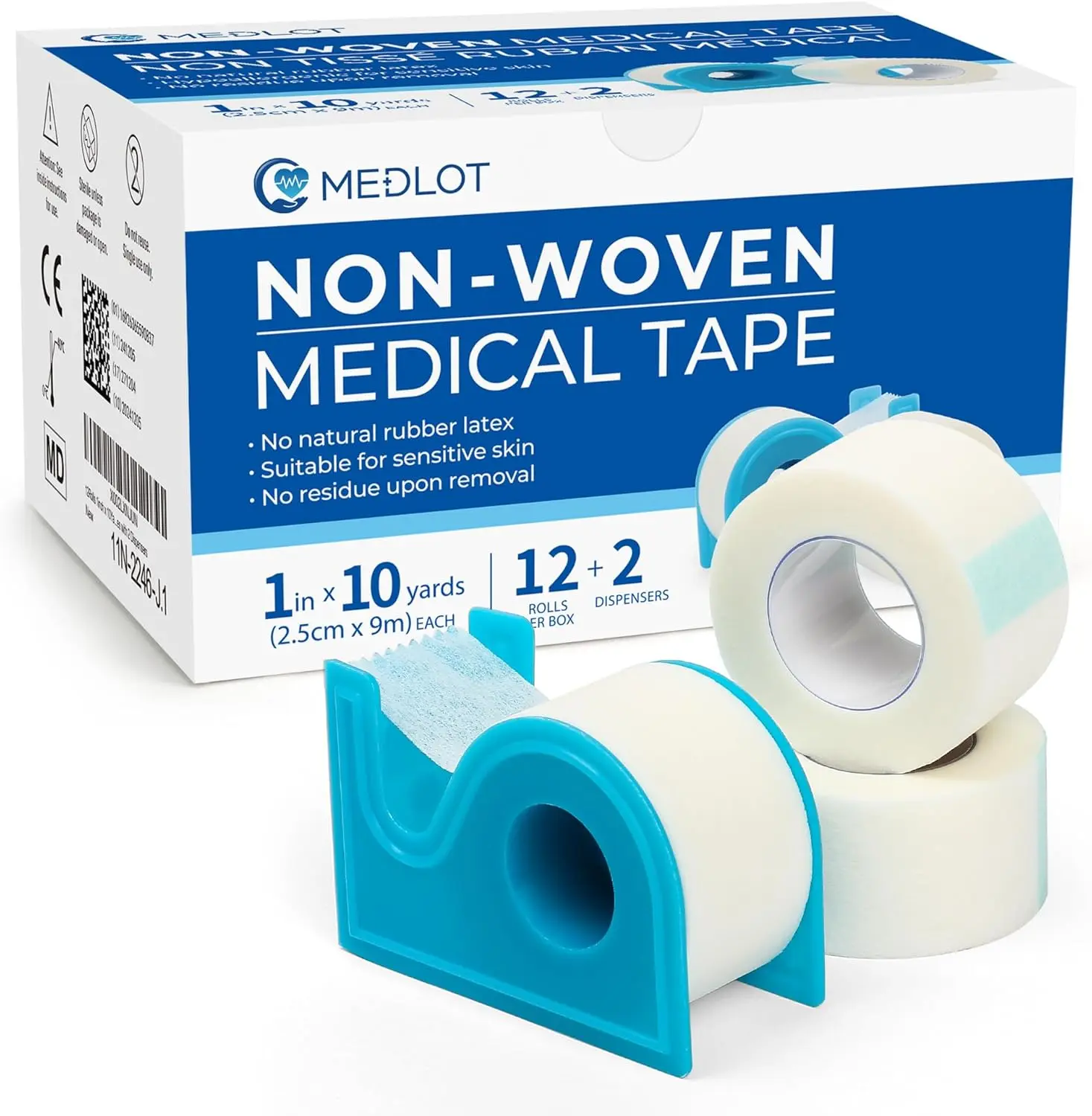 LotFancy Paper Medical Tape, 12 Rolls 1inch x 10Yards, Surgical Tape for Wound Dressing Care, Latex-Free & Hypoallergenic Soft First Aid Tape, 2 Dispensers Included
