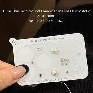 Heart Pearl Bow Lens Film for iPhone 17 Pro Max/17 Pro, Ultra-Thin Invisible Static Adhesive Camera Protection Sticker