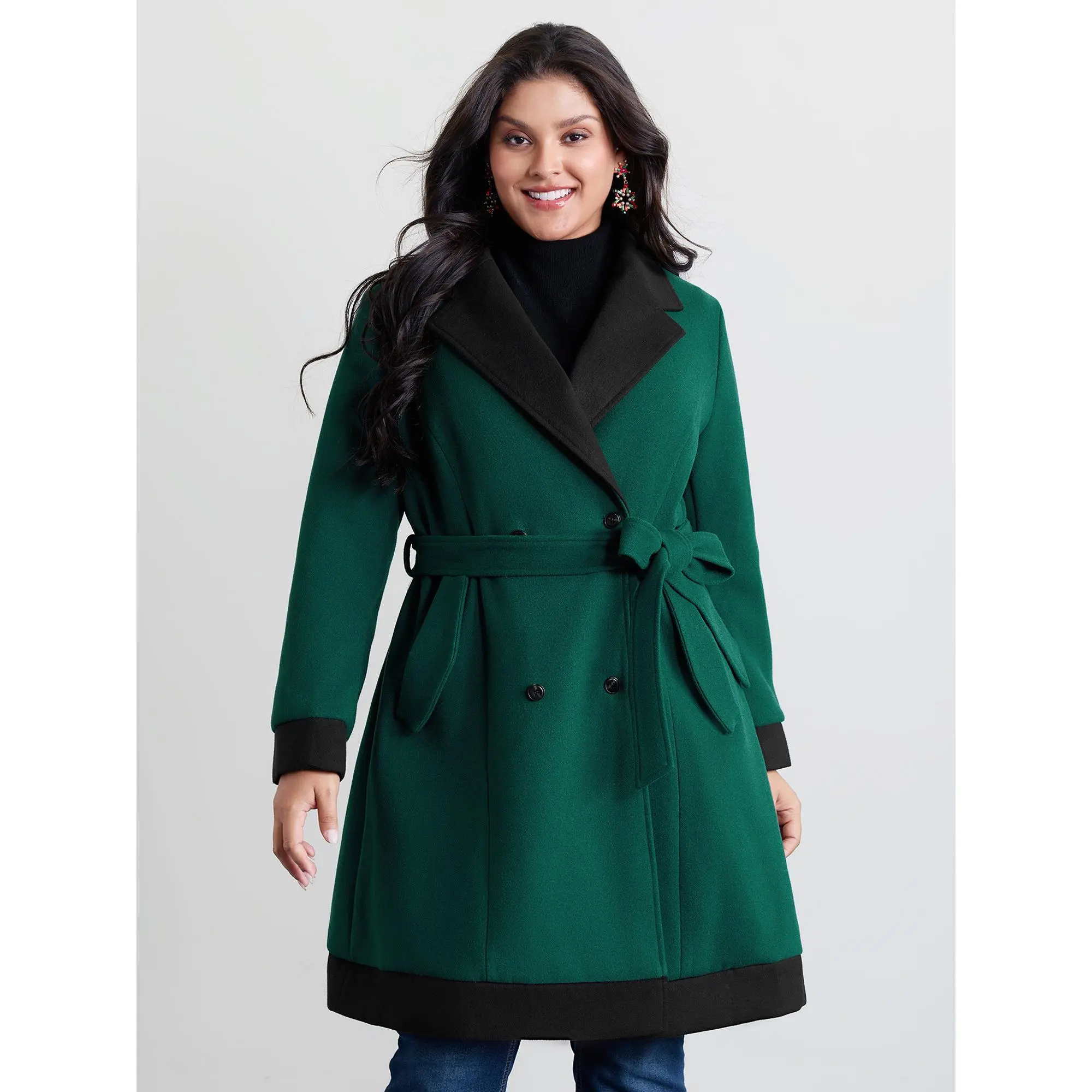 BLOOMCHIC Women's Plus Size Colorblock Belted Lined Outerwear Coat [M-6X] - Polyester Shell, Regular Fit, Non-Stretch, Button Accent, Side Pockets, 2026 Summer Basic Tops, Solid Design, Regular Cut