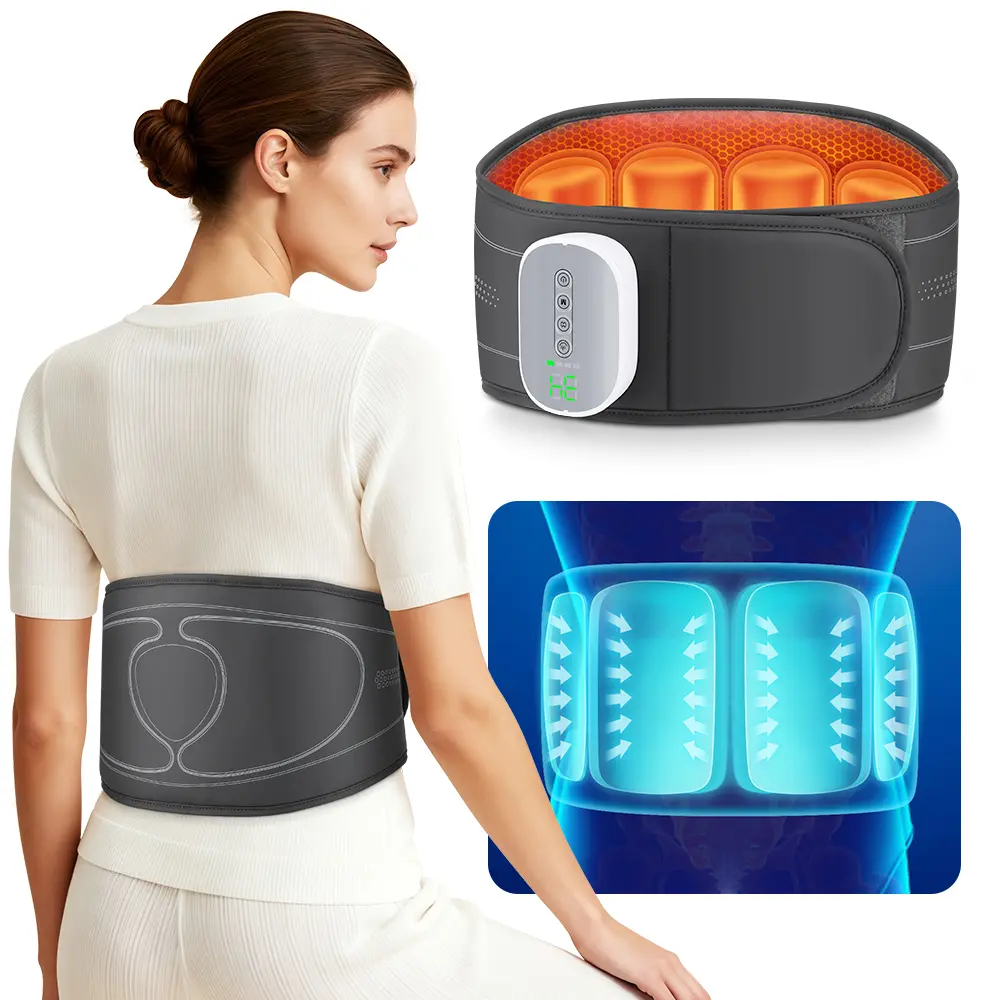 Rechargeable Cordless Lower Back Massage Belt - 4 Vertical Airbags, 3 Massage Cycles, Multi-Level Heat Compression Therapy, Extended Adjustable Strap, Timed Auto Power Off, Batteries, 7Cm (W) * 14Cm (L)), PU+ABS+Fabric, Low Back Pain Relief for All Users
