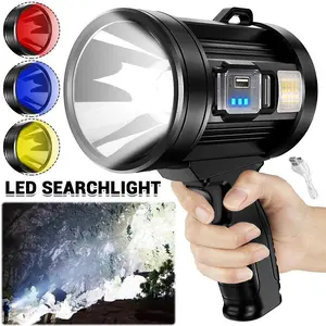 Brightest Rechargeable Spotlight with Solar Panels & 6 Modes, Rechargeable Spotlight Flashlight Outdoor, Powerful LED Spotlights Long Runtime, Large Handheld Spot Light for Boating Hunting