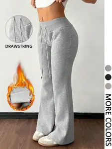 Women's Casual Low Waist Drawstring Elastic Sports Pants, Warm Thermal Lining, Suitable for Autumn Winter, Flare Leg Design,fleece lined leggings plus, Sports Bottoms