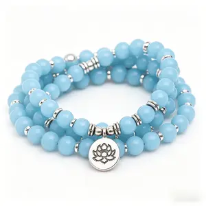 108 Mala Beads Necklace 8mm Blue Rose Quartz Beaded, Yoga Meditation Hand Knotted Wrap Bracelet, Lucky Crystal Lotus Charm Jewelry For Everyday Wear & Gift For Her