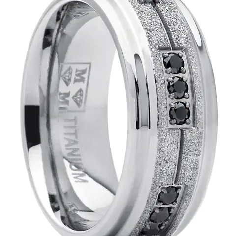 Men's Black Cubic Zirconia Titanium Trinity Stone Crystal Ring - 8mm Comfort Fit, Lightweight Flat Top Sandblasted Shimmer Finish Wedding Band, Unique, Elegant, Exquisite Trendy Adult Jewelry, Unique Rings