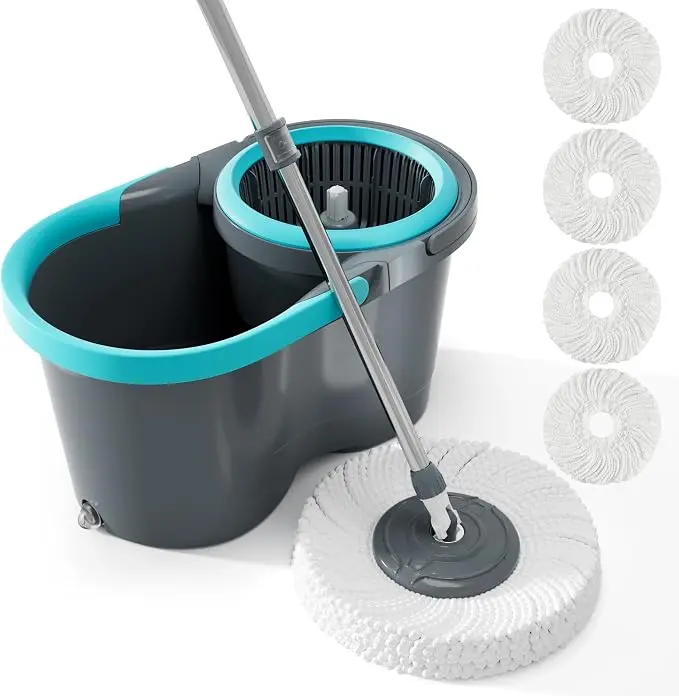 JOYMOOP Sturdy Spin Mop and Bucket Set - 360° Rotatable Mop Head, 39-50 Inches Adjustable Telescopic Handle, Wet & Dry Use, 4 Reusable Microfiber Refills, Hands-Free Cleaning for Hardwood, Vinyl, Tile Floors & Windows, 39 Inches To 50 Inches