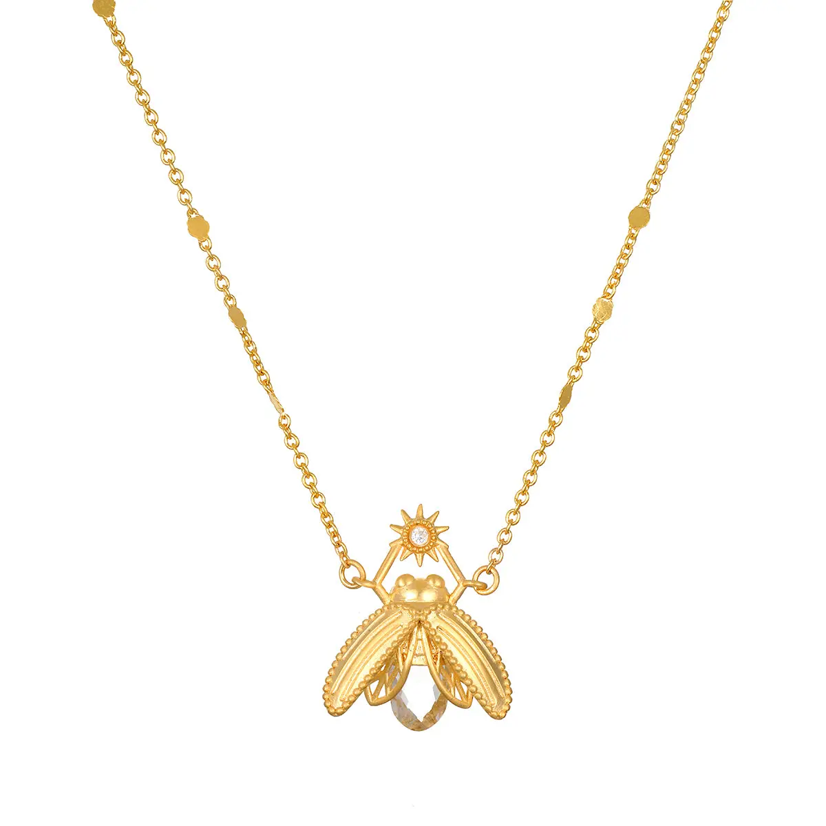 Sacred Light Healing Faceted White Topaz Firefly Necklace, 22x18mm Semiprecious Stone Jewelry, 16"+3" Ext Chain, 12-Month Warranty, Unisex Adult Daily Self-Wear Accessory
