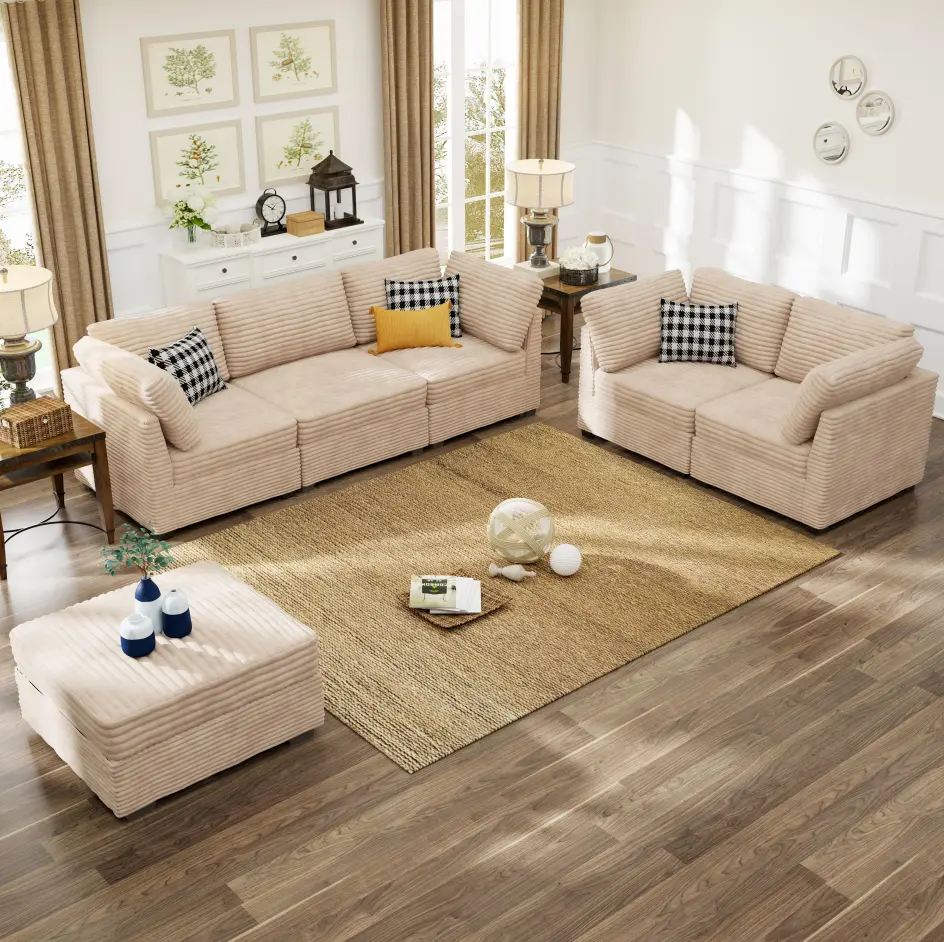 ALLWEX 6-Piece Corduroy Modular Sectional Sofa Set, Convertible Corner/Middle Seat with Ottoman, Hidden Connectors for Multiple Layouts, Customizable Modern Upholstered Living Room Furniture