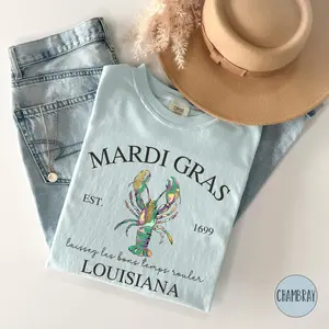 [Sale Up To 50%] Mardi Gras Shirt, Louisiana Shirt, Mardi Gras Comfort Color Shirt, Mardi Gras Lobster, Fleur De Lis Shirt, Cute Louisiana Mardi Gras Tshirt