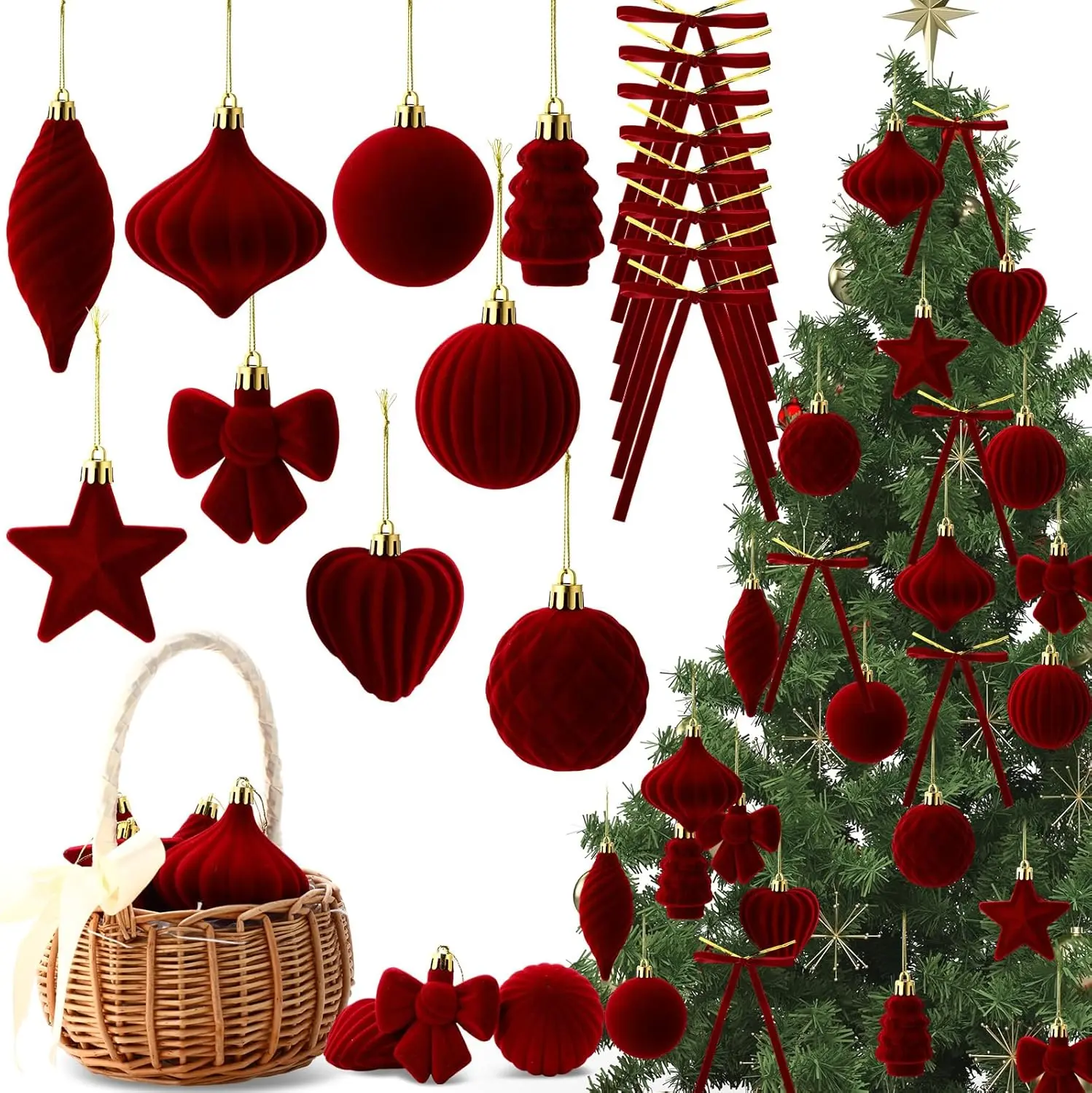 Velvet Christmas Ball Ornaments with Wreath Bow 96/36 Pcs Christmas Balls Velvet & Bows Set, Hanging Xmas Tree Decorations Ornaments for Party Holiday