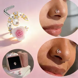 20G 7mm L-Shaped Nose Stud Nose Rings for Women Unique C-Shaped Pink Rose & Pearl LNose Ring Jewelry Nose Piercings Perfect Gifts for Women