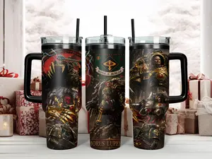 Warhammer 40K Horus Lupercal Warmaster of Chaos 40oz Insulated Stainless Steel Tumbler - Epic Sons of Horus Heresy Space Marine Art Travel Mug with Handle & Straw - Perfect Grimdark Gift for Tabletop Gamers